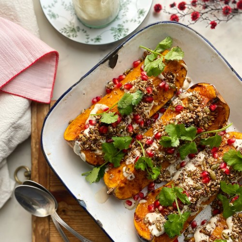 ROAST PUMPKIN WITH CASHEW CREAM, POMEGRANATE & SPICED SEEDS