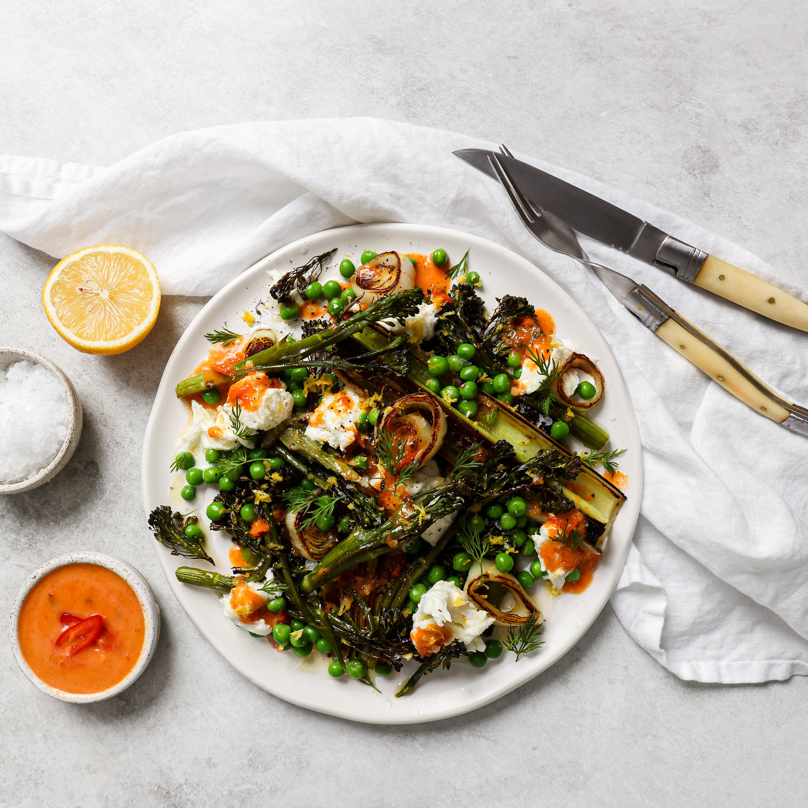 Charred broccolini& leek salad with mozzarella &  roasted chilli dressing